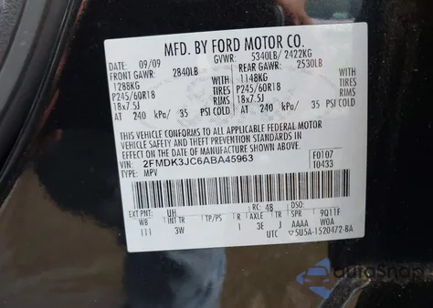 2010 Ford Edge Sel z USA, uszkodzony, nr VIN 2FMDK3JC6ABA45963